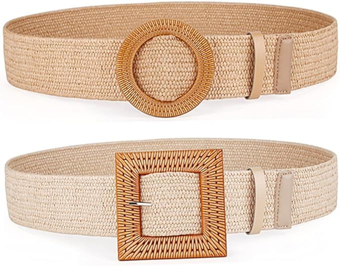 Women Belts For Dresses, Elastic Straw Rattan Waist Band With Wood Buckle | Amazon (US)