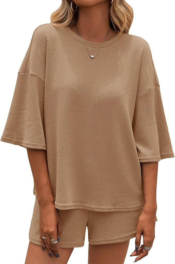 Tankaneo Womens 2 Piece Outfits Sweater Set Lounge Sets 3/4 Sleeve Oversized Tops and Elastic Wai... | Amazon (US)