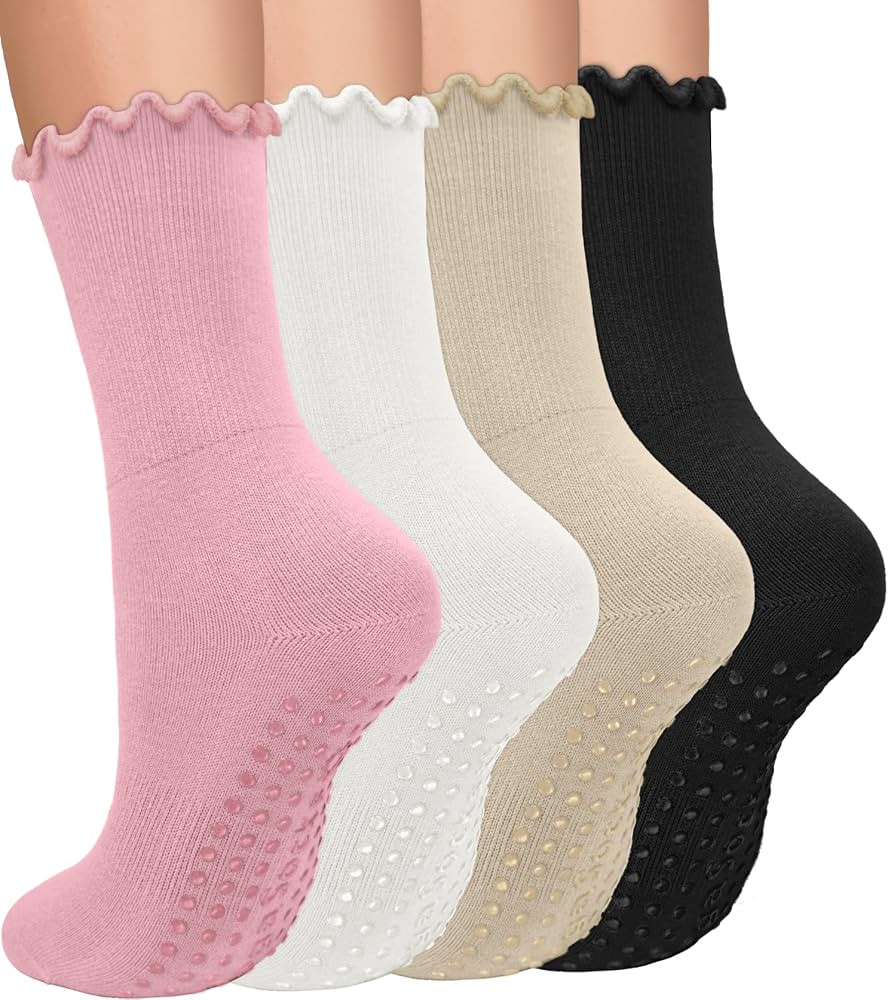yeuG Pilates Socks with Grips for Women Non Slip Grip Crew Socks with Ruffle for Yoga, Barre, Bal... | Amazon (US)