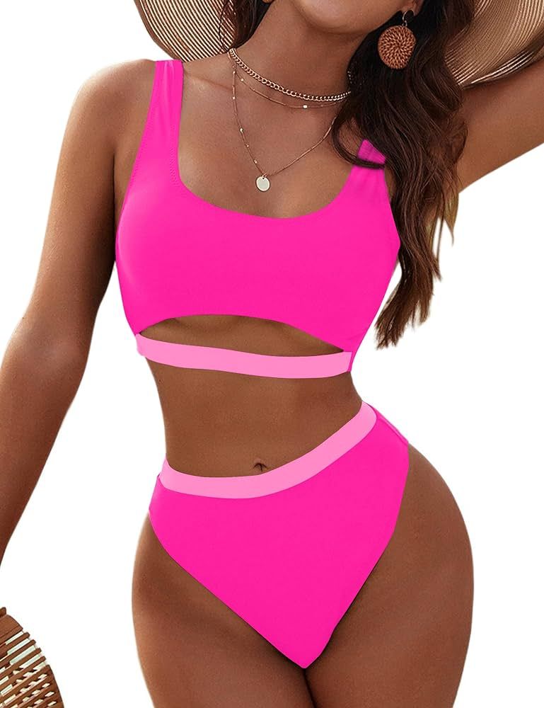 Blooming Jelly Women's High Waisted Bikini Sets High Cut Bathing Suits Two Piece Sporty Cut Out S... | Amazon (US)