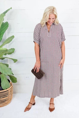 Frontier Cocoa Gingham Caftan Dress | Clover + Bee