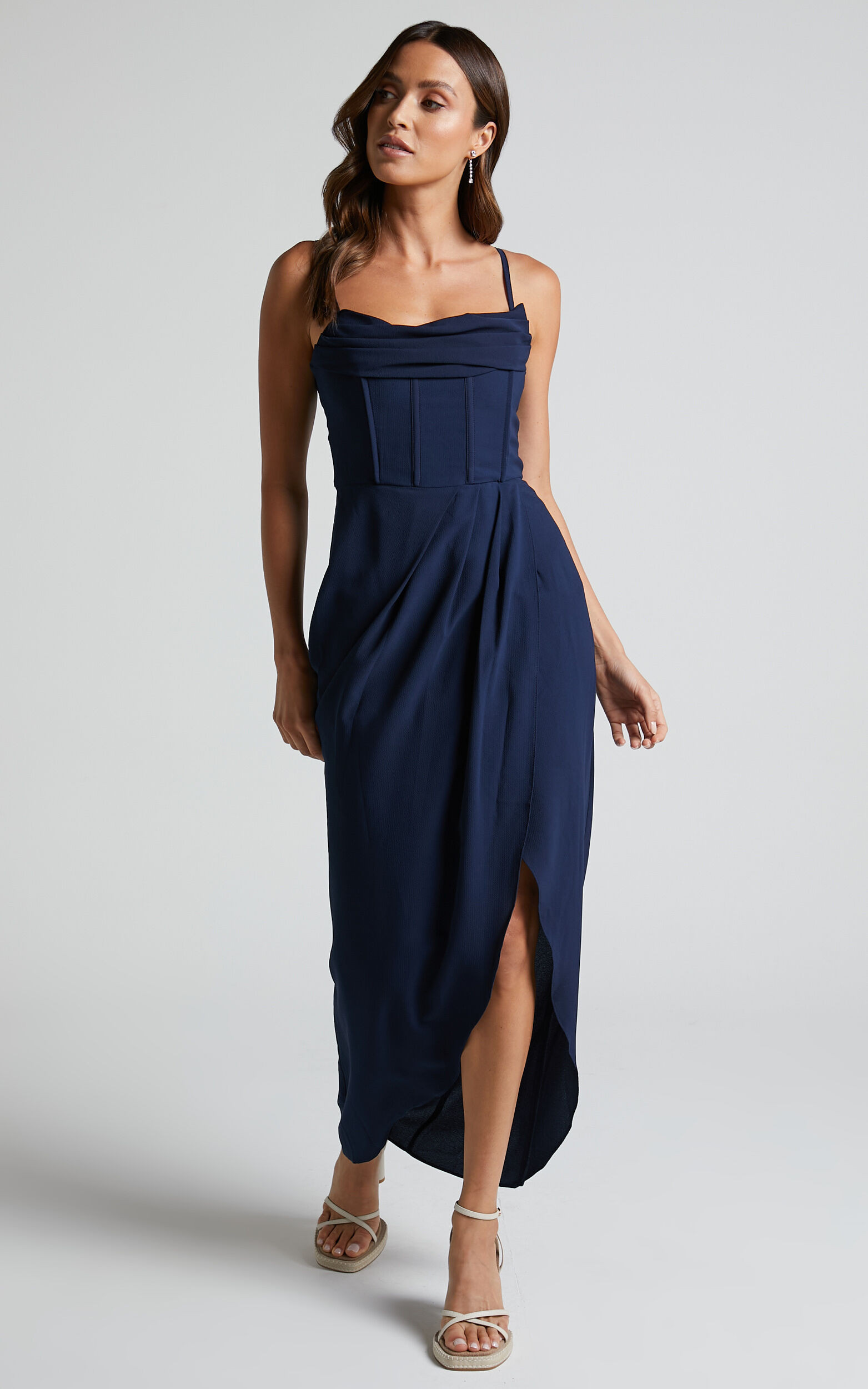 Andrina Midi Dress -  High Low Wrap Corset Dress in Navy | Showpo (US, UK & Europe)