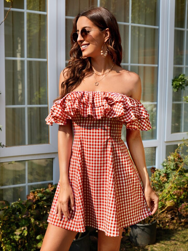 SHEIN WYWH Gingham Print Ruffle Trim Off Shoulder Dress | SHEIN
