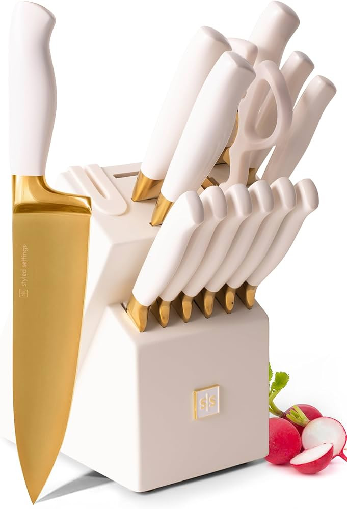 STYLED SETTINGS Gold Knife Set with Block Self Sharpening –14 Piece Gold and White Kitchen Knif... | Amazon (US)