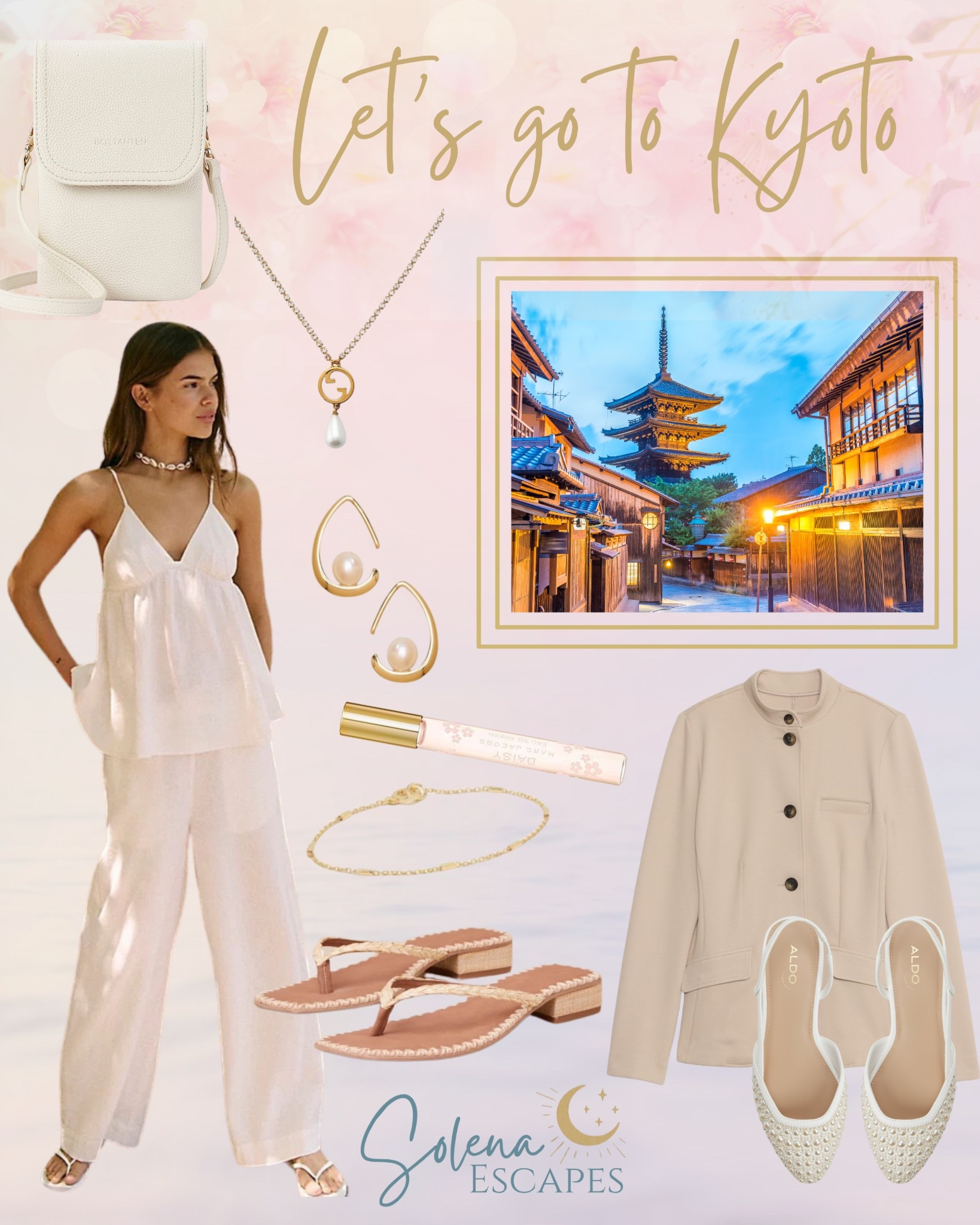 Serene neutrals and a touch of elegance—this Kyoto look is all about elevated simplicity.
An ivory cami and pant set layered with a mandarin-collar jacket makes the perfect cultural nod while staying minimalist and modern. I kept it soft with pearl accents and clean sandals, ideal for temple visits and peaceful strolls.
Swap in loafers or a strappy block heel for extra polish on cooler days.

#SolenaEscapes 
#LTKtravelstyle 
#KyotoLooks 
#MinimalistTravelStyle #JapandiVibes 
#IvoryOutfit 
#SpringInKyoto 
#ElegantExplorer 
#CulturalChic 
#SummerFashion

#LTKFindsUnder100 #LTKTravel #LTKSeasonal