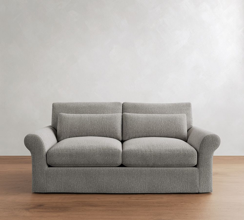 PB Comfort Modern Roll Arm Slipcovered Deep Seat Sofa 82" 2x2, Down Blend Wrapped Cushions, Sunbrella(R) Performance Chenille Fog | Pottery Barn (US)