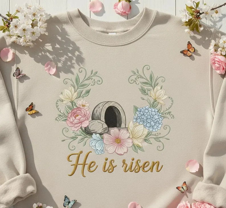 Custom Embroidered He is Risen Sweatshirt, Christian Easter Empty Tomb Floral Crewneck, Faith Spr... | Etsy (US)
