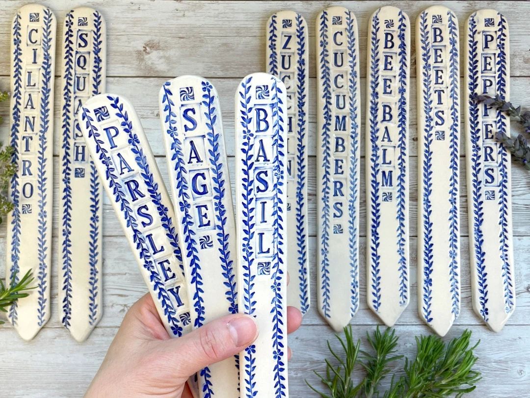 Blue and White Garden Plant Markers Ceramic - Etsy | Etsy (US)