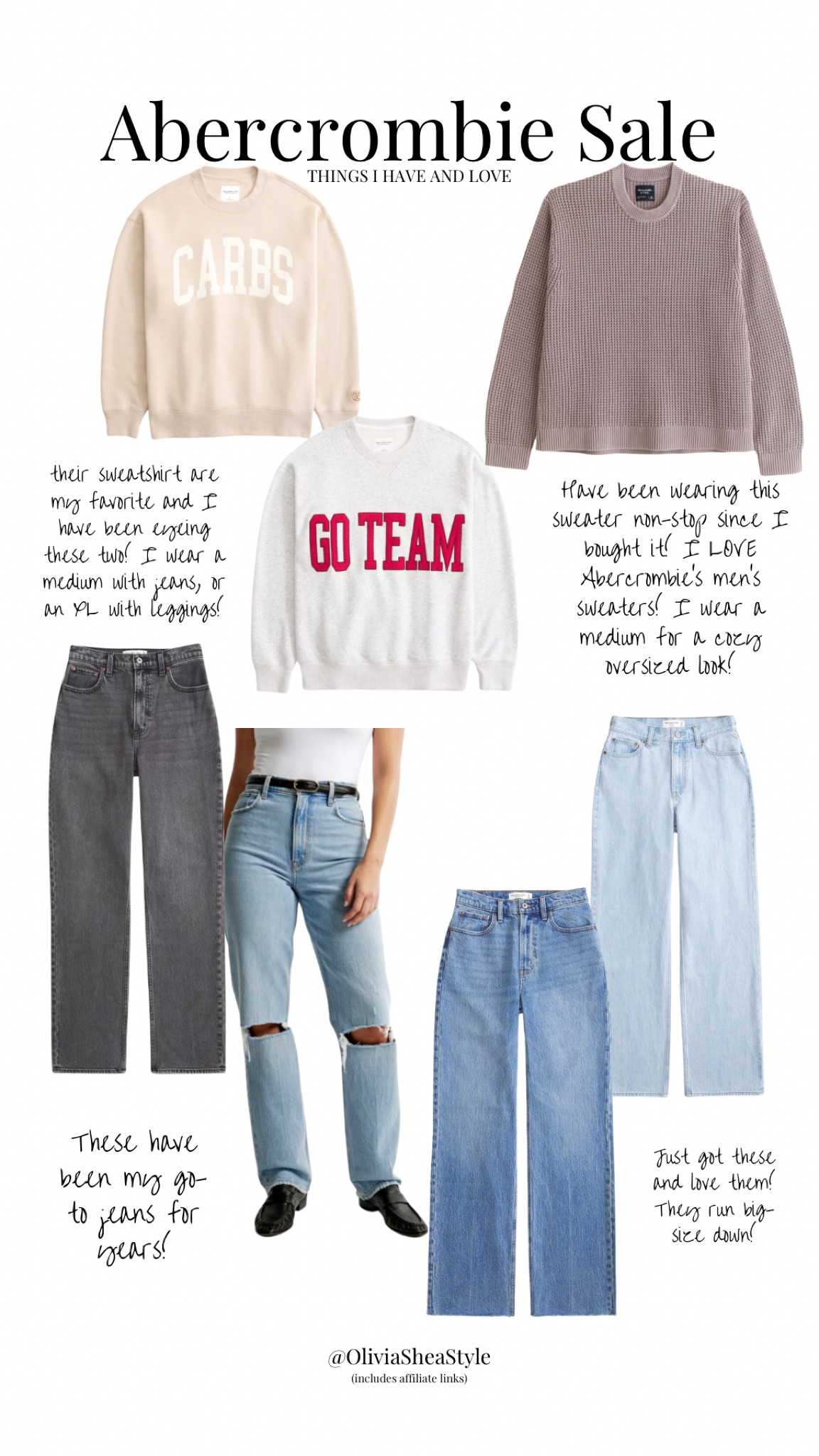 These are pieces I personally have and love! I own way too many Abercrombie sweatshirts and they’re truly some of my favorite things to wear! I wear an xl if I’m wearing them with leggings, or a medium with jeans! I also recently bought this sweater and have been wearing it nonstop with both leggings and jeans! I got a medium and it’s the perfect cozy oversized fit! Definitely don’t sleep on the Abercrombie men’s section— I find some of the best sweaters there! I have all 4 pairs of jeans and love them! The two on the right run larger, so definitely size down if you’re in between! I wear curve love in everything but the high rise loose jean— that one was loose enough that the regular fit perfectly! 

#LTKSaleAlert #LTKMens #LTKFindsUnder100