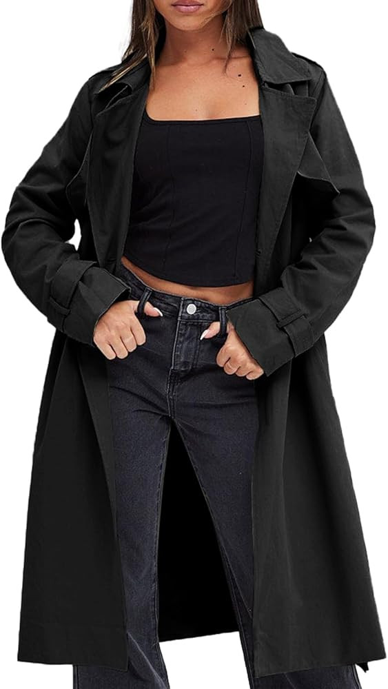 Fisoew Women's Double Breasted Trench Coats Causal Windproof Long Lapel Pocketed Overcoat with Be... | Amazon (US)