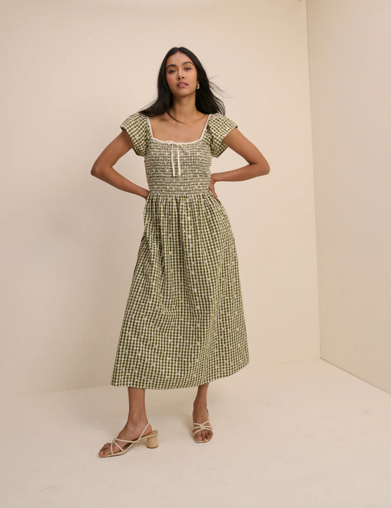 Green Gingham Embroidered Shirred Mindy Midi Dress | Nobody's Child