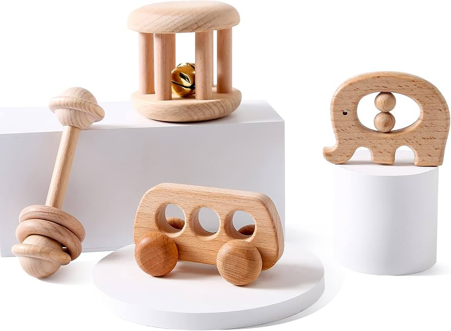 Organic Wooden Baby Rattle Toy Montessori Rattle Roller Waldorf Inspired Grasping Toddler Toys | Amazon (US)