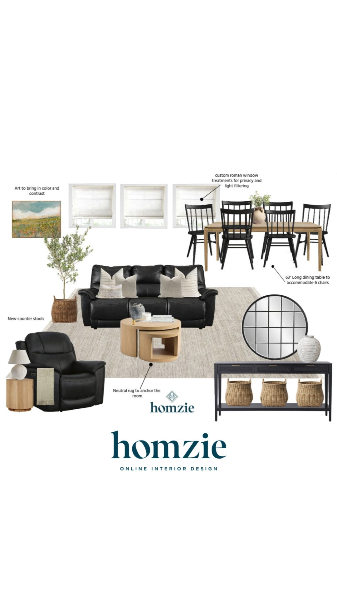 Living room and dining room design featuring black couches, woven rattan baskets, dining chairs, dining table, coffee table, accent pillows, wall art, decor, etc.

#LTKHome #LTKFavorites #LTKFinds #HomeStyleDaily 

 #LTKHome