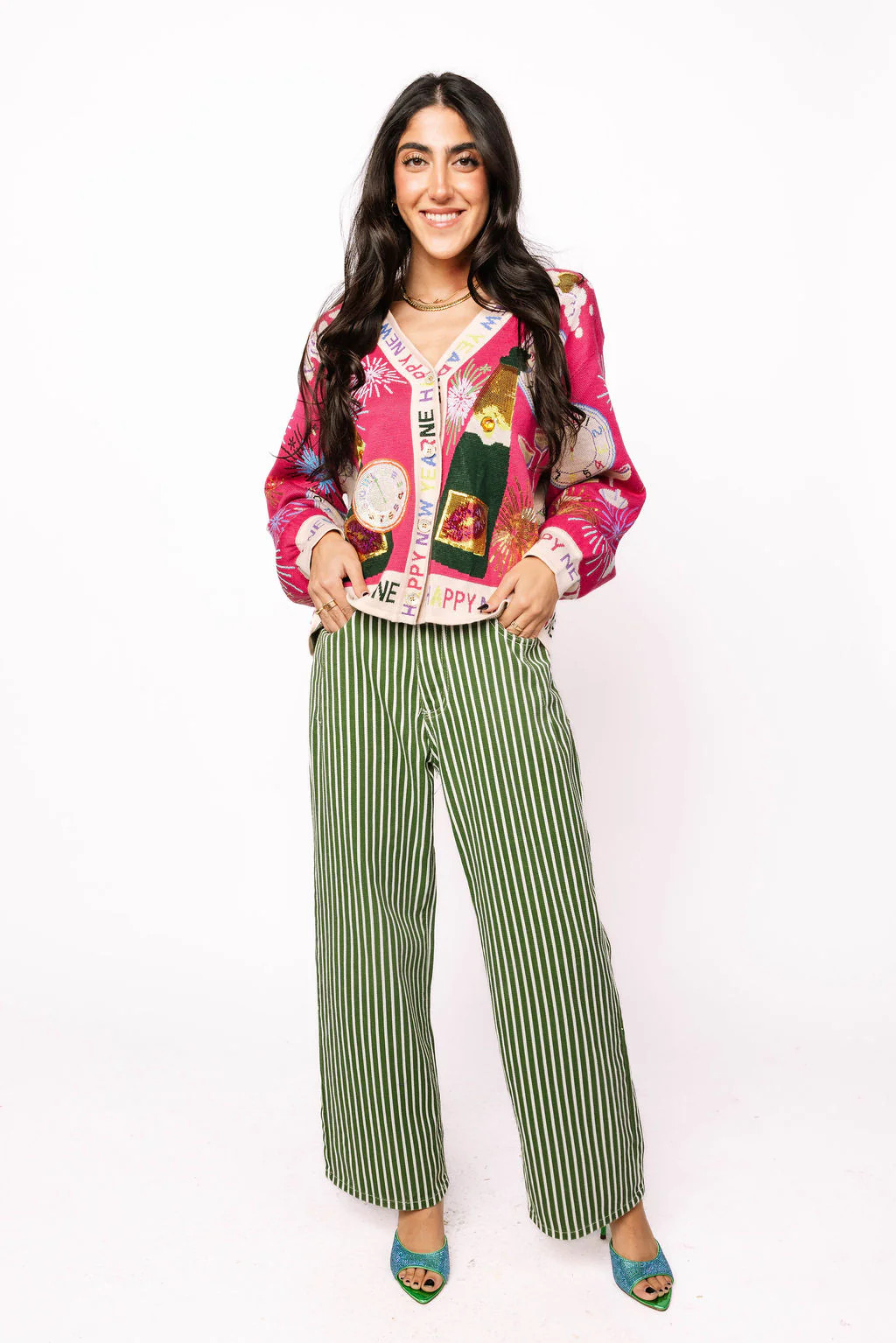 Hot Pink NYE Icon Button Up Cardigan With 'Happy New Year' Trim | Queen of Sparkles