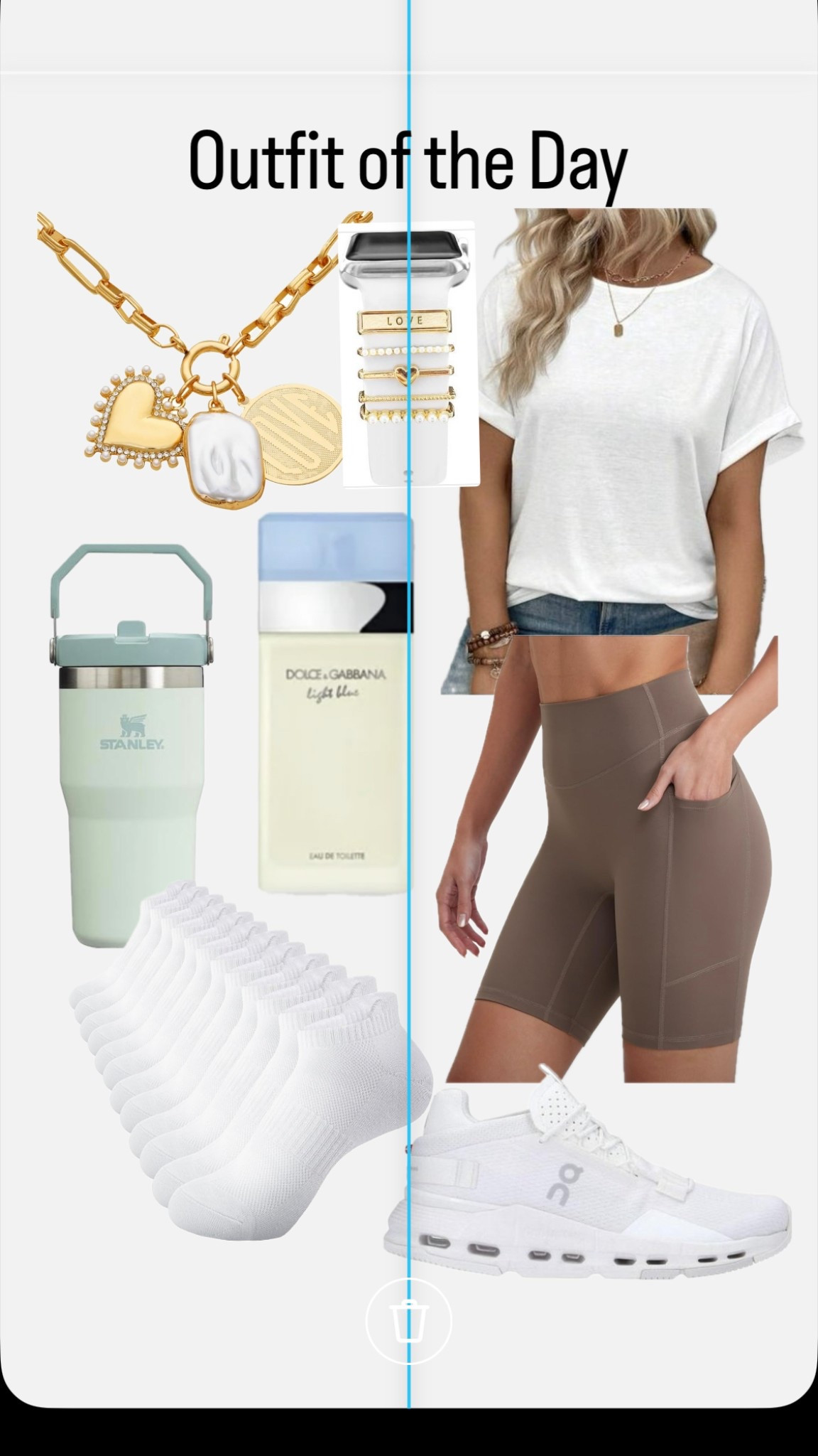 Looking for a comfortable outfit to wear on your summer vacation? Or one running around town for errands. Copy my outfit of the day. I loooove this necklace. I wear it with everything #necklace #athleticshorts #oncloudtennisshoes #lightblue #perfume #whitet #cuffsleeves #outfitoftheday #ootd #vacation #summervacation #stanley #iwatch #iwatchcharms #casualsummer 