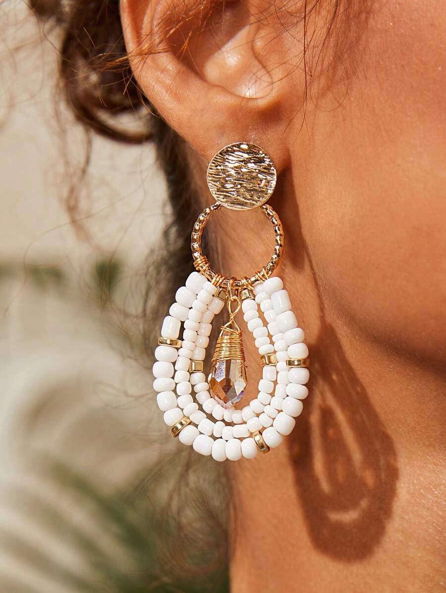 Travachic 1pair Bohemian Geometric Multi-Layered Beaded Crystal Earrings | SHEIN