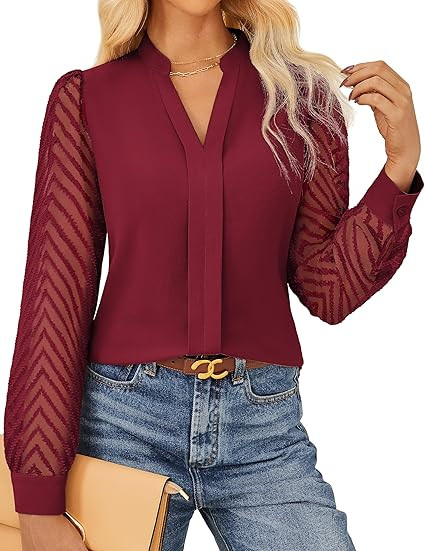 GRACE KARIN Women Business Casual Tops Sheer Lace Long Sleeve Blouses Work Office Pleated V Neck ... | Amazon (US)