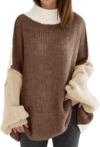 Saodimallsu Womens Oversized Tunic Sweaters Color Block Chunky Long Sleeve Mock Neck Slouchy Knit... | Amazon (US)