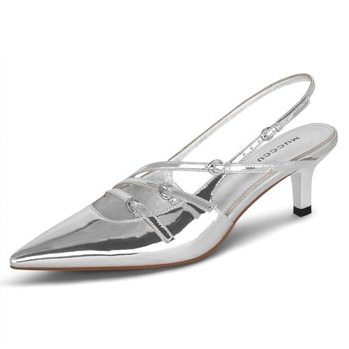 MUCCCUTE Silver Kitten Heels for Women Pointed Toe Slingback Pumps Low Heels with Buckle Strap Heeled Sandals Size 7.5 | Amazon (US)