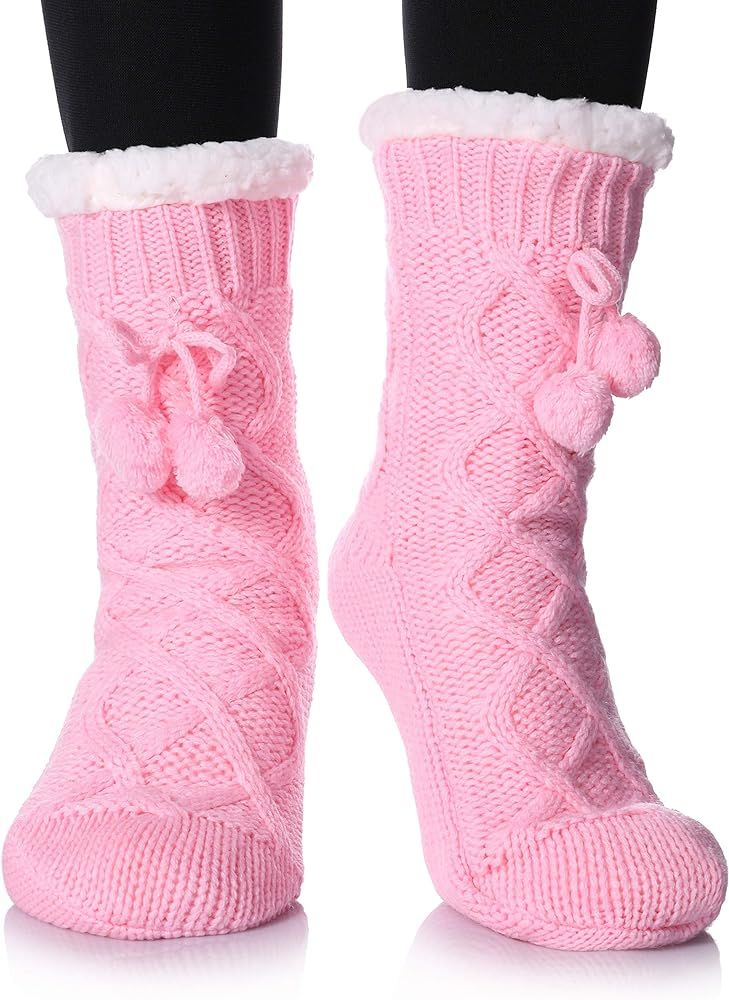 Women's Diamond Cable Knit Super Soft Warm Cozy Fuzzy Fleece-lined Winter Slipper Socks | Amazon (US)