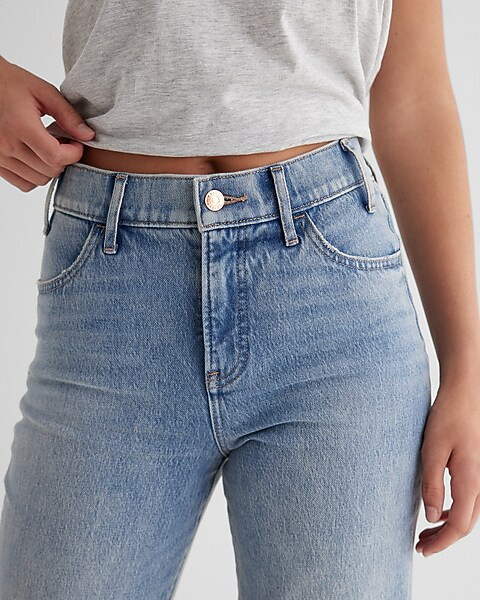 High Waisted Light Wash Ripped Straight Ankle Jeans | Express