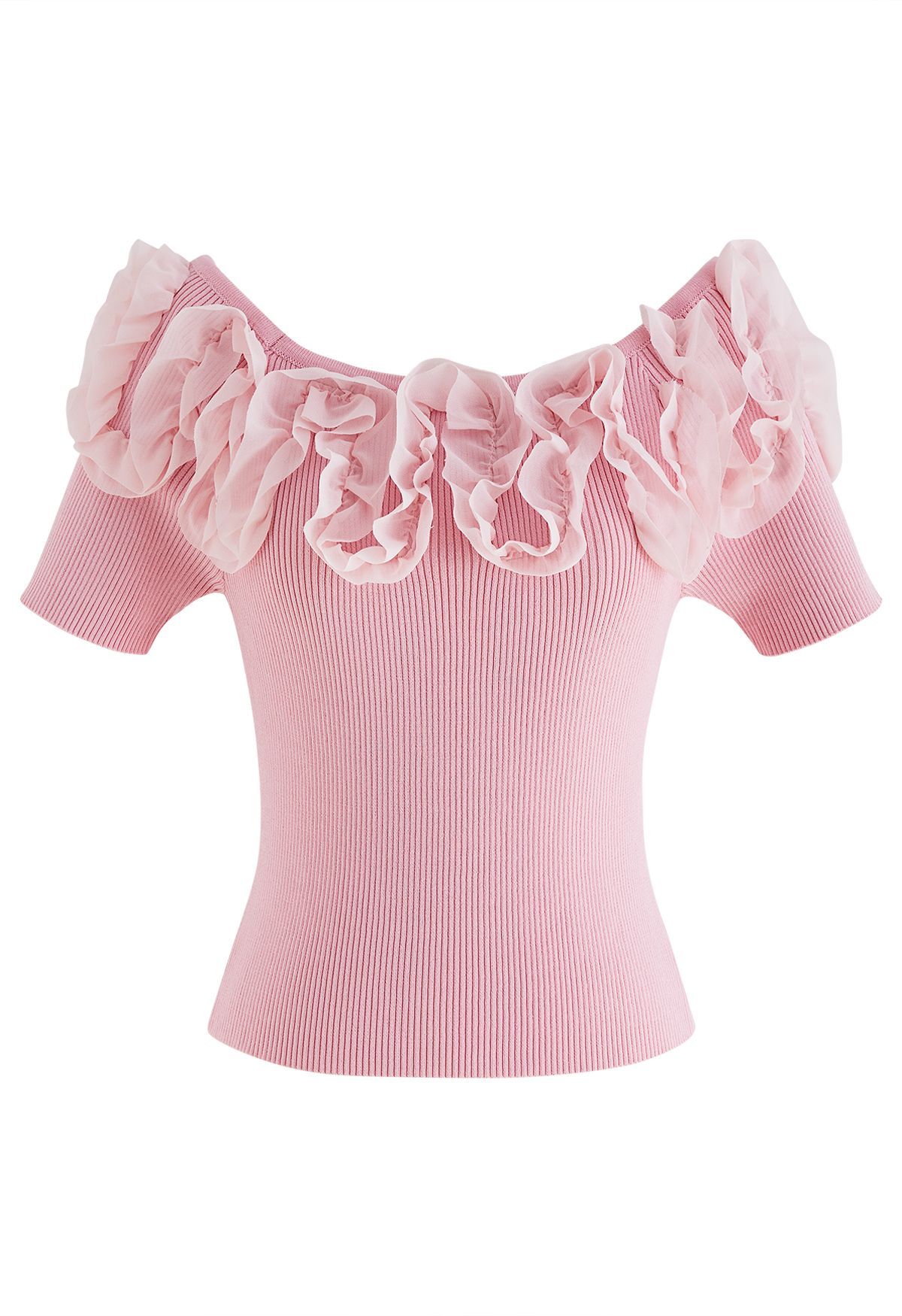 Ruffle Mesh Boat Neck Knit Top in Pink | Chicwish