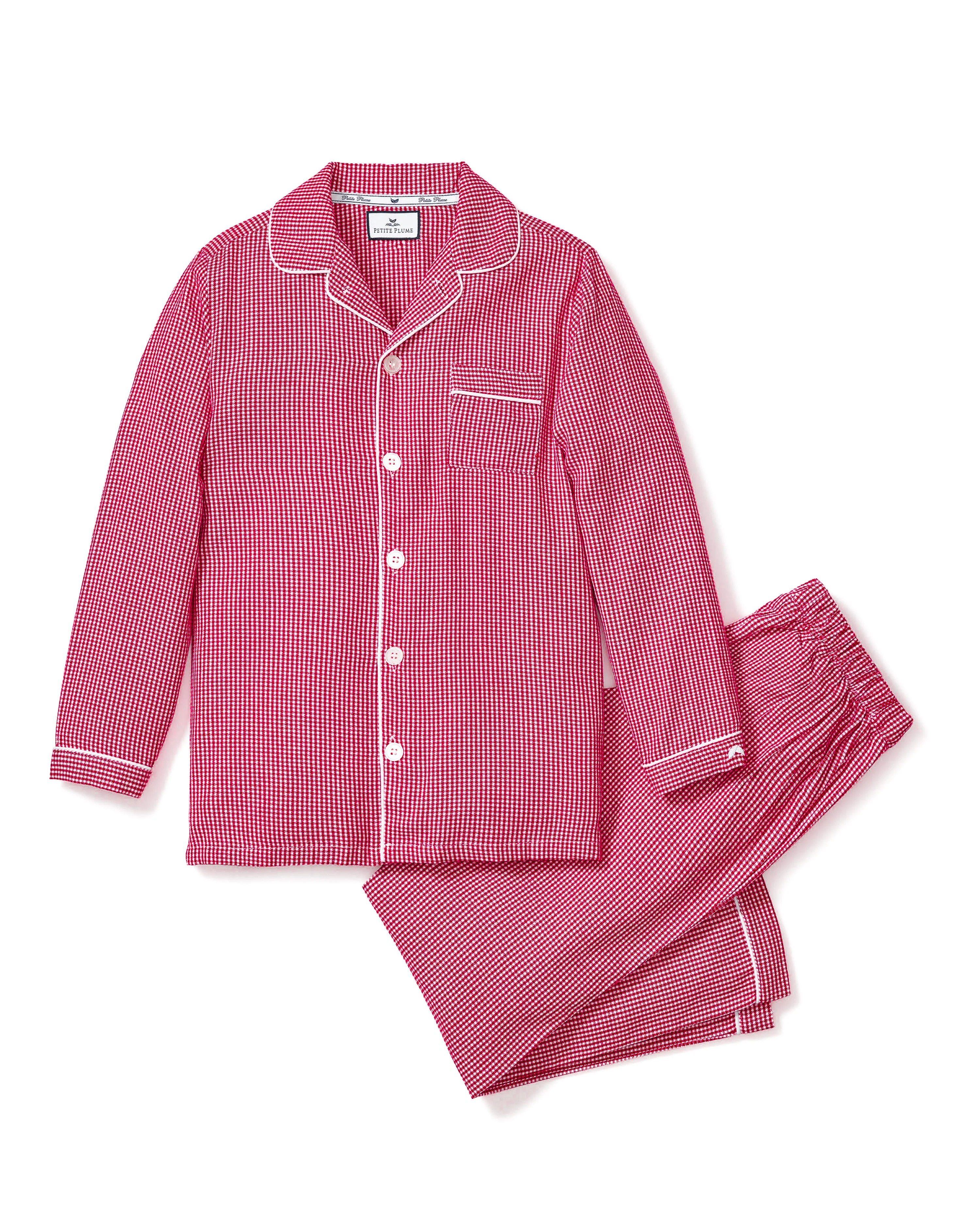 Kid's Flannel Pajama Set in Red Mini Gingham | Petite Plume
