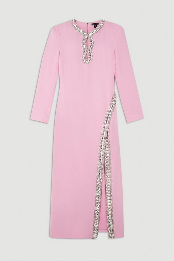 Cut Out Crystal Embellished Woven Maxi Dress | Karen Millen US