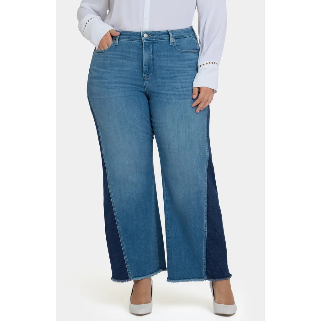 NYDJ Teresa Frayed Two-Tone Wide Leg Jeans in Avenue Blue at Nordstrom, Size 16W | Nordstrom