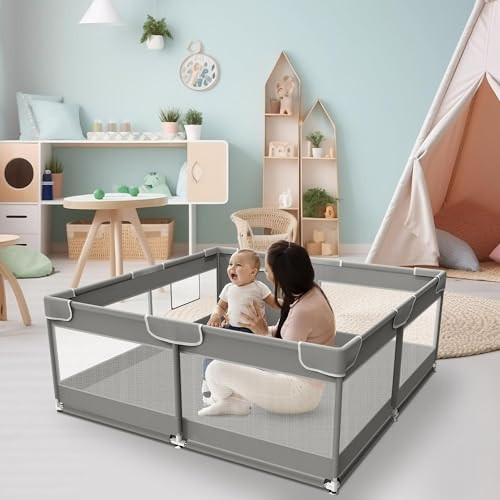 XVISHX Baby Playpen, 50 x 50 inch Baby Playard, Travel Pack N Play, Pack and Play for Indoor & Outdoor, Playpen for Babies and Toddlers, Baby Fence Play Pen, with Soft Breathable Mesh, Grey | Amazon (US)