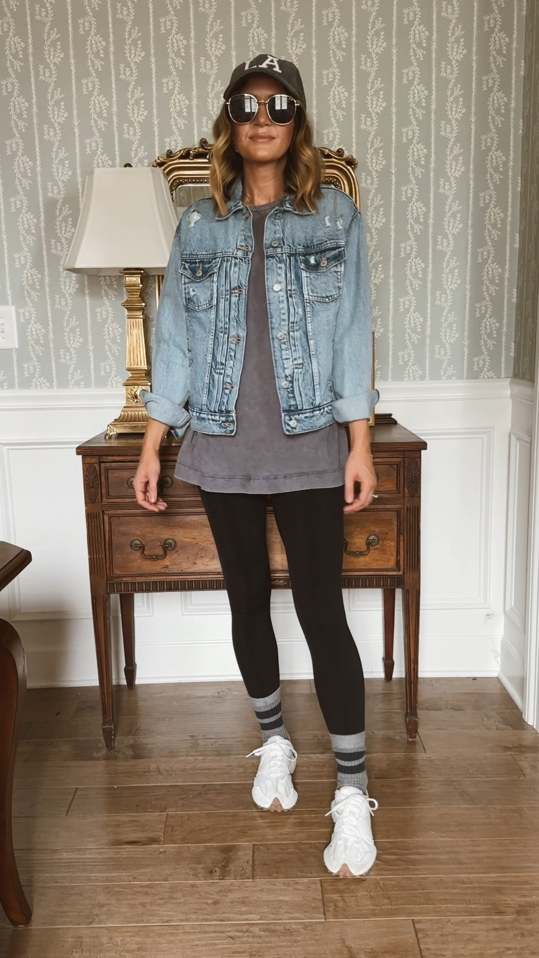 Xs in denim jacket 
S in tunic tee 