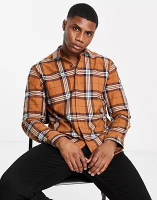 Twisted Tailor long sleeve flannel shirt in brown check | ASOS (Global)