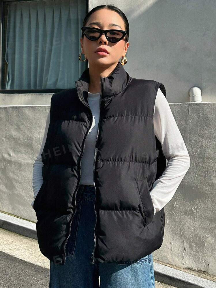 DAZY Zip Up Puffer Vest Thick Pockets Coat, Ladies Late Fall Casual Pocket, Zipper Funnel Neck Lo... | SHEIN
