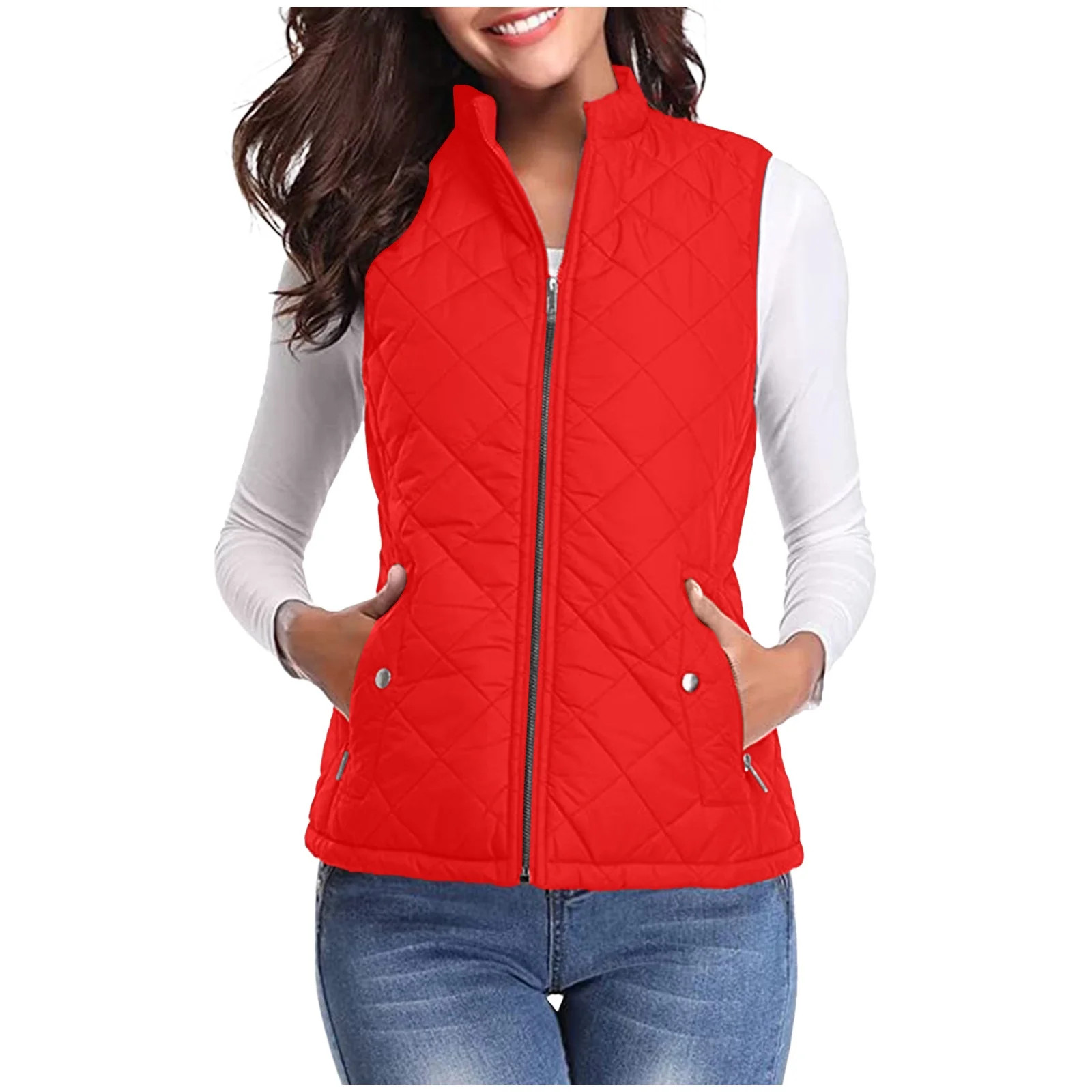 Jacenvly Winter Ladies Puffer Vest Activewear Cropped Stylish Pocket Coat Sleeveless Down Cotton ... | Walmart (US)