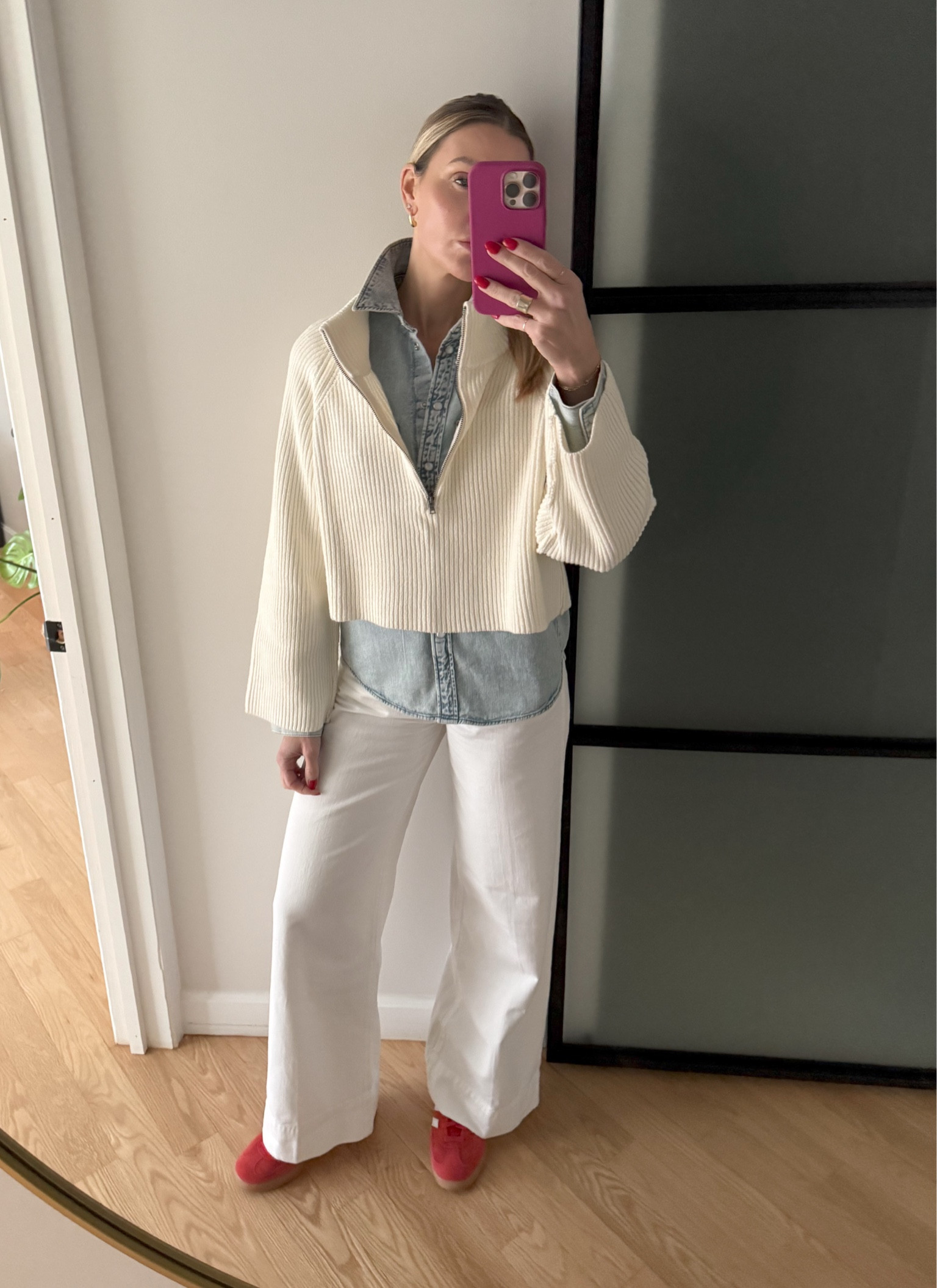 Madewell Superwide (so comfy!) in a size 26 (roomy) Denim top in a S and sweater in a S (roomy and good for layering). This is a classic snap button denim shirt which I love as opposed to a regular button shirt. 

#LTKCyberWeek #LTKFindsUnder100 #LTKOver40