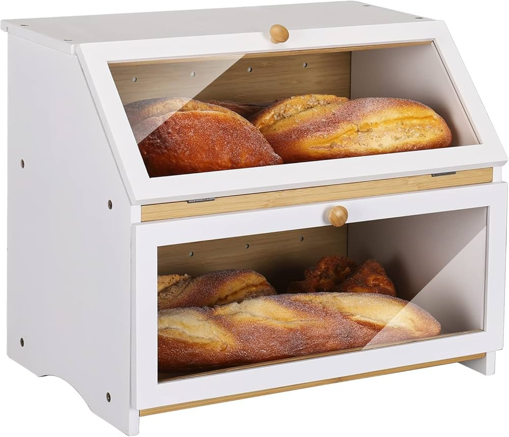 HOMEKOKO Double Layer Large Bread Box for Kitchen Counter, Wooden Large Capacity Bread Storage Bi... | Amazon (US)