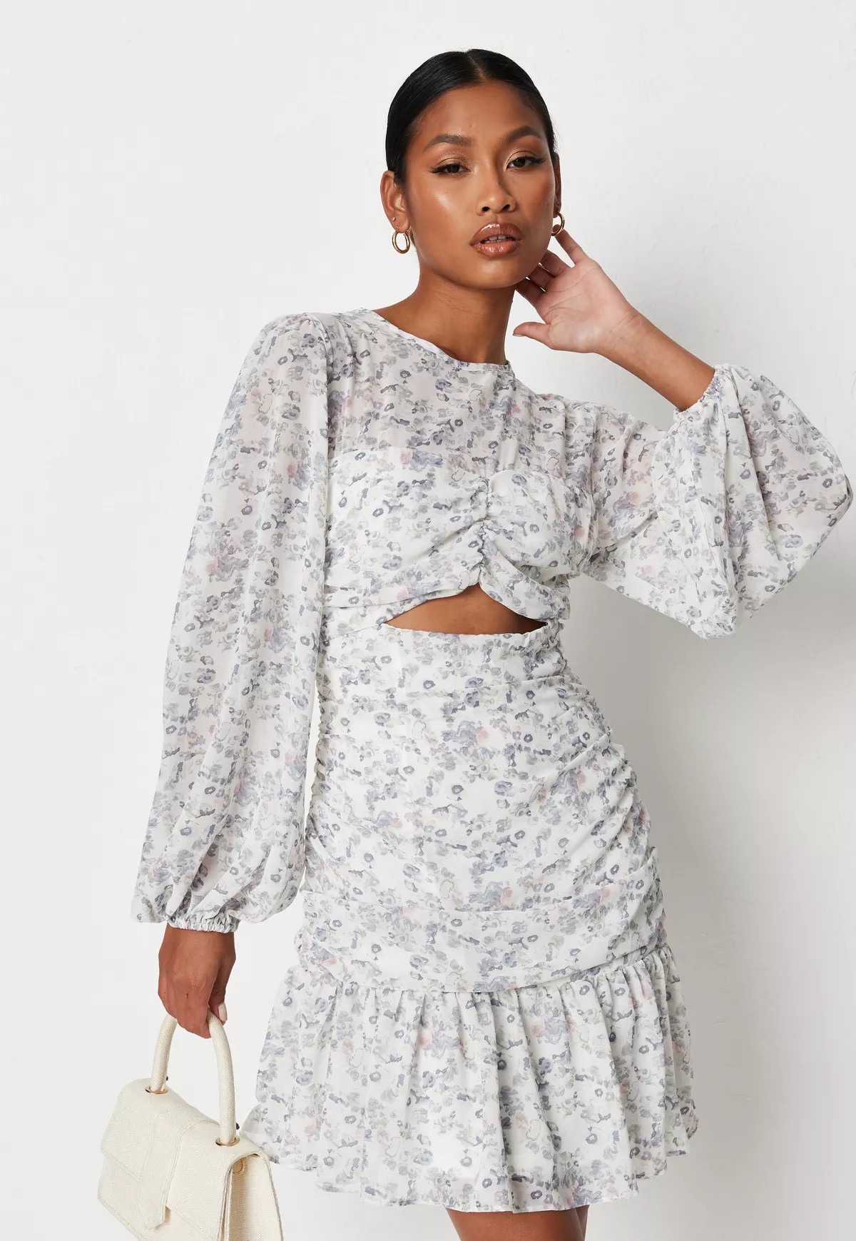 White Floral Print Cut Out Balloon Sleeve Dress | Missguided (US & CA)