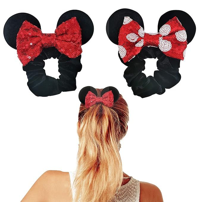 Styla Hair 2 Pack Mouse Ear Scrunchies for Kids Velvet Hair Bow Scrunchies for Women - Sparkle Se... | Amazon (US)