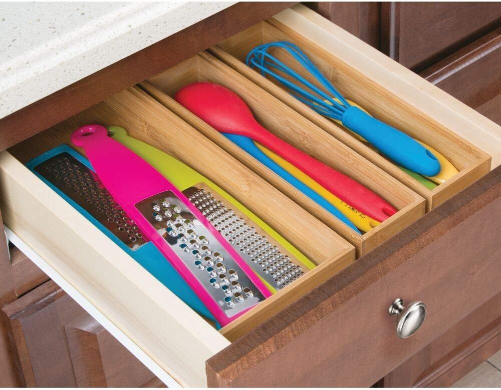 mDesign Pack of 2 Functional Drawer Organiser — Elegant Bamboo Kitchen Drawer Divider for Cutle... | Amazon (UK)