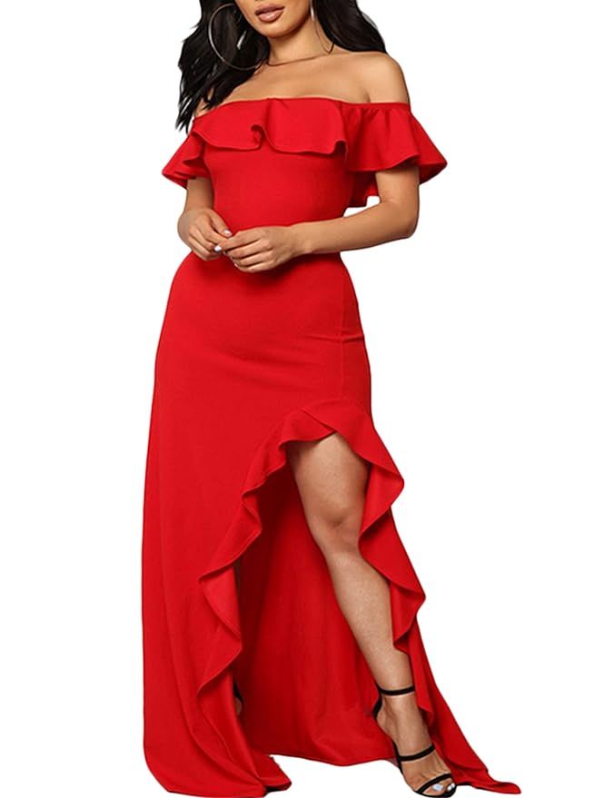 XIUCHUAN Women's Long Ruffled Dress Strapless Sleeveless Sexy Cocktail High Slit Dress | Amazon (US)