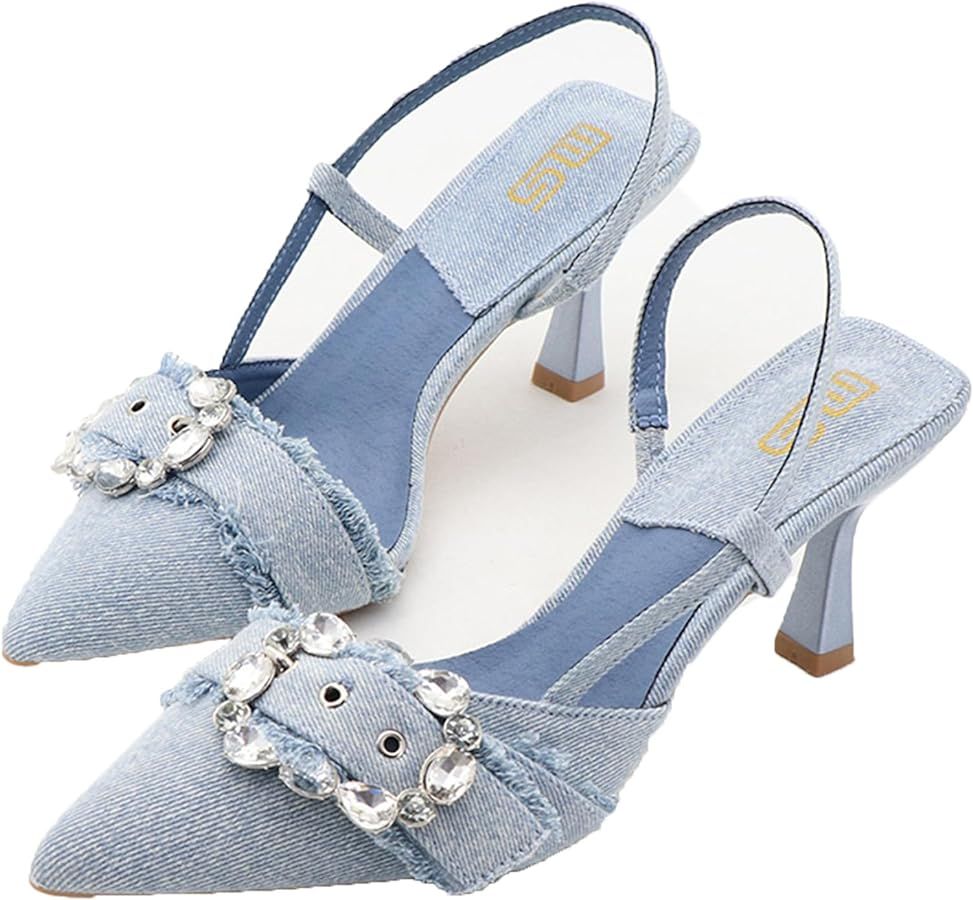 Women's Rhinestones Pointed Toe Denim Kitten Heels Fashion Slip On Slingback Low Heel Dress Mule ... | Amazon (US)
