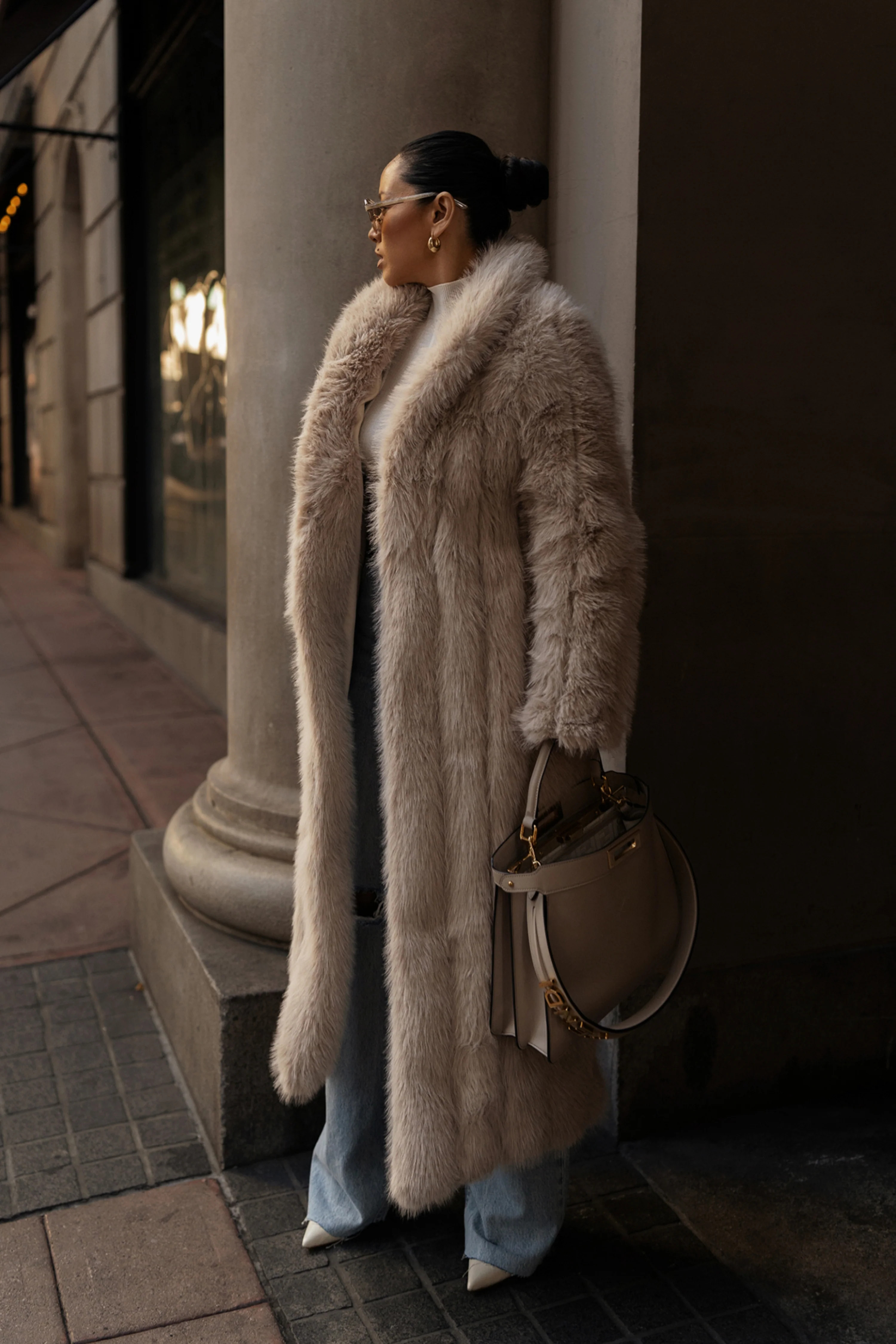 Beige Manhattan Faux Fur Coat | JLUXLABEL