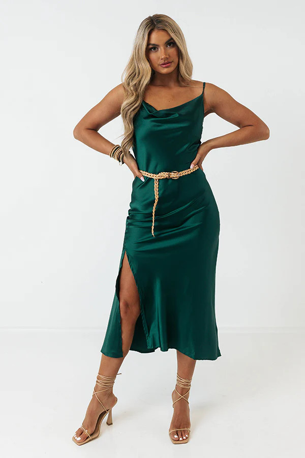 Classy And Confident Satin Midi In Hunter Green | Impressions Online Boutique