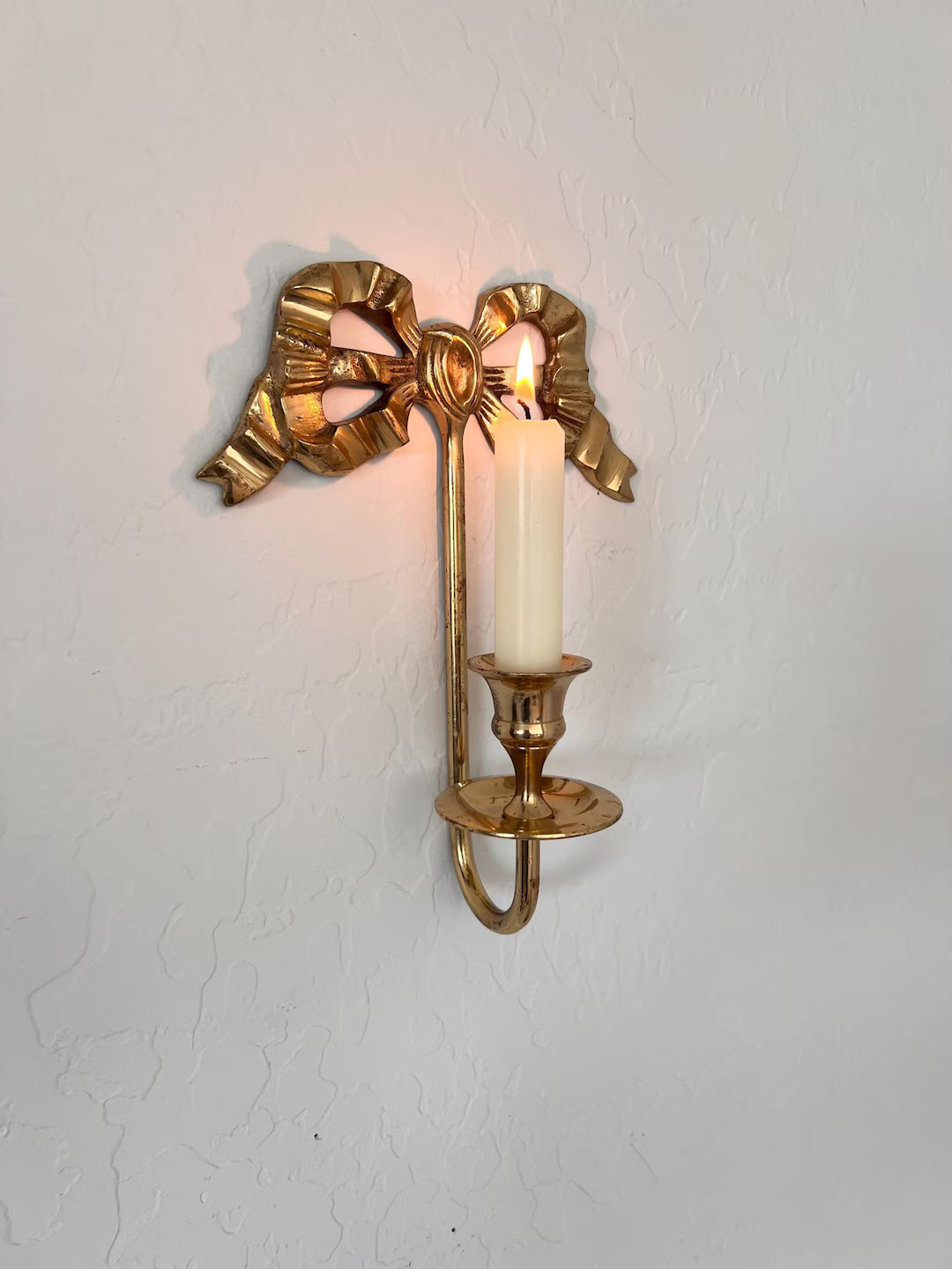 Vintage Brass Ribbon Bow Wall Hanging Candle Sconce, Single Candlestick Taper Holder, Gold Bow MC... | Etsy (US)