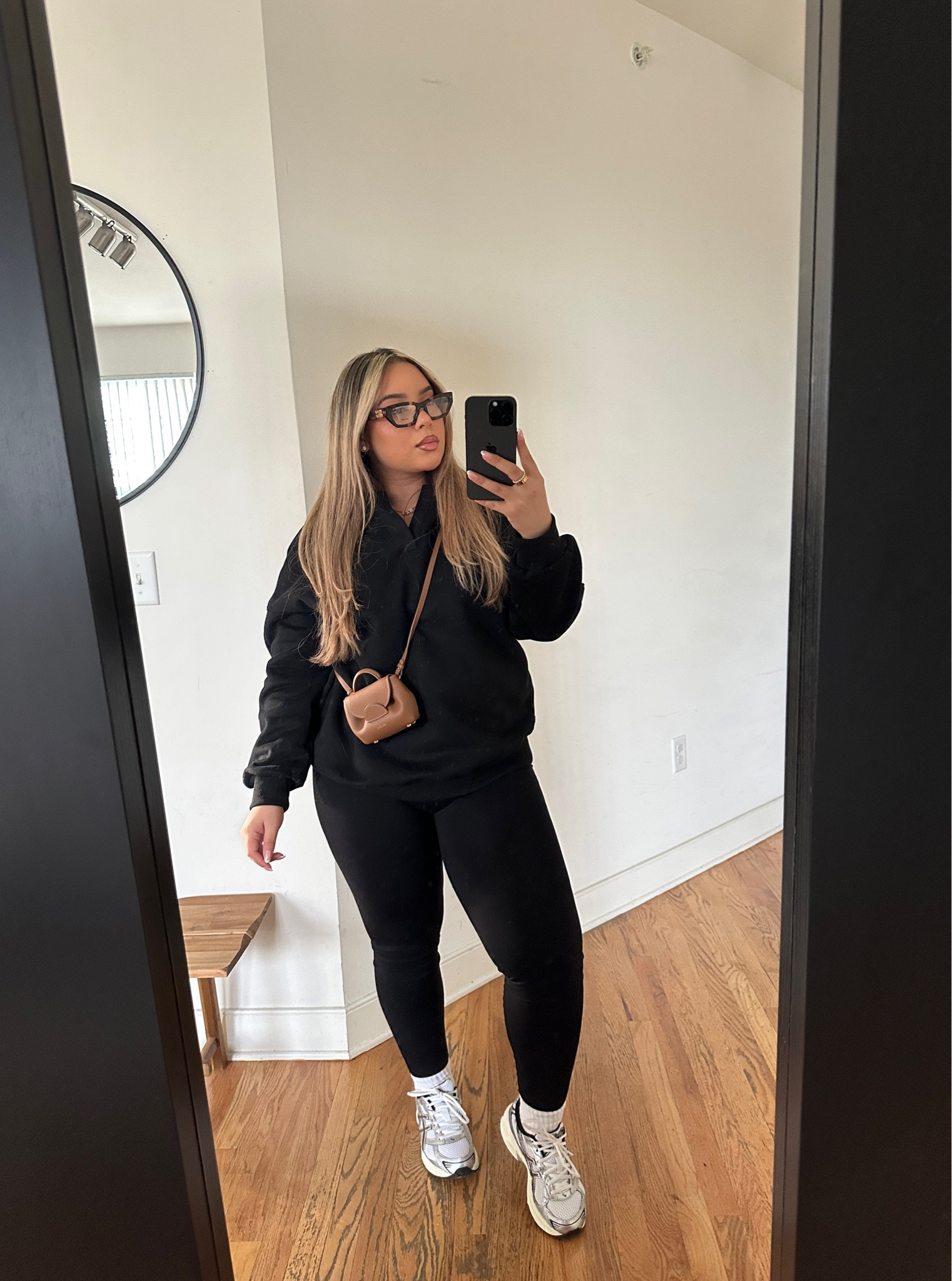 Comfy Casual outfit perfect for errands or travel🖤 
Sweater: M 
Leggings: L - linked some perfect for winter as well 
Bag is polene🤎

#LTKStyleTip #LTKSeasonal #LTKMidsize