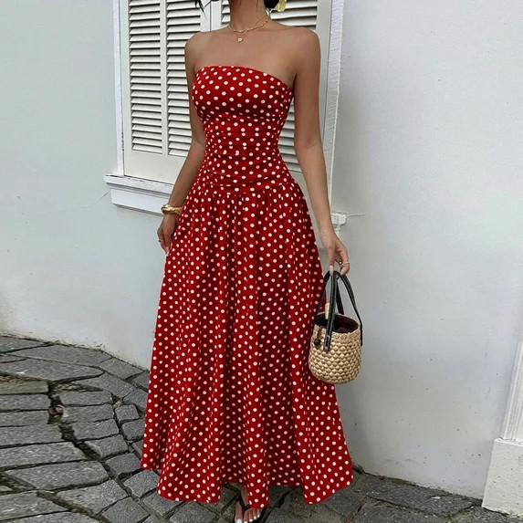 Women's Polka Dot Dresses Round Neck Sleeveless Boho Maxi Sundresses Red XL | Walmart (US)