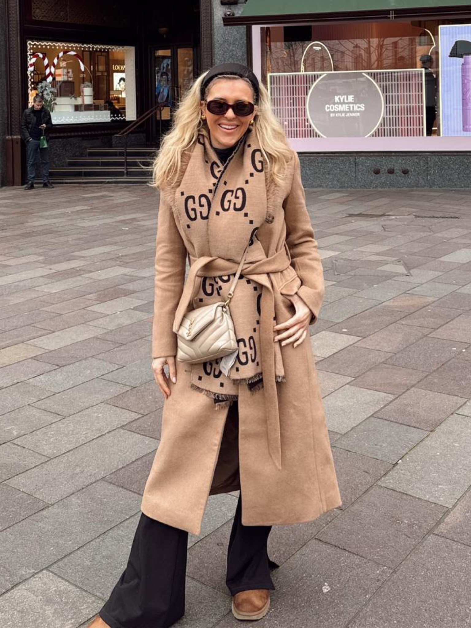 Forever new coat - celine sunglasses - Gucci scarf - lululemon align flared wide leg pants - all saints velvet headband - Amazon dupe - Ysl toy Lou bag

#LTKSeasonal #LTKstyletip #LTKeurope