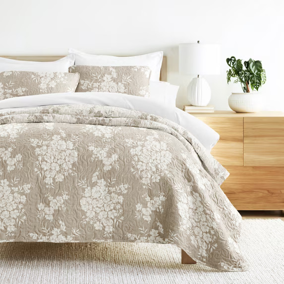 Noble Linens 3-Piece Taupe Distressed Bouquet Reversible Quilt Set, King | Walmart (US)