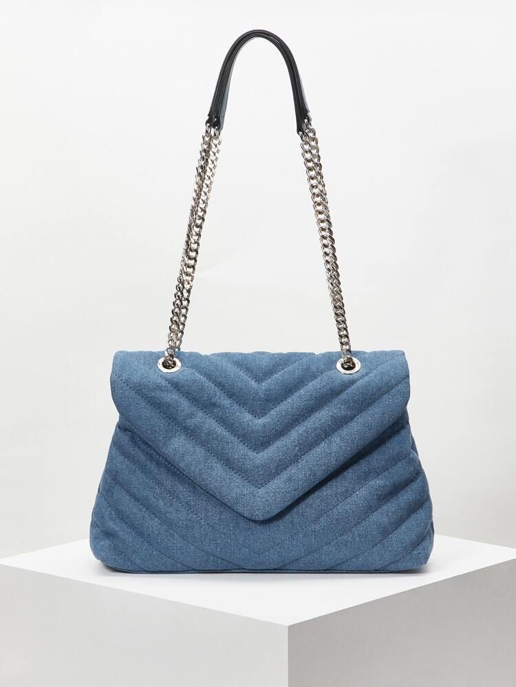 CHEVRON QUILTED DENIM SHOULDER BAG | SHEIN