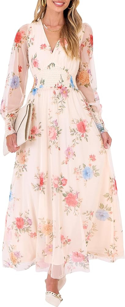 ANRABESS Women's Floral Maxi Dress 2025 Fall V Neck Puff Long Sleeve Flowy Casual Wedding Guest T... | Amazon (US)